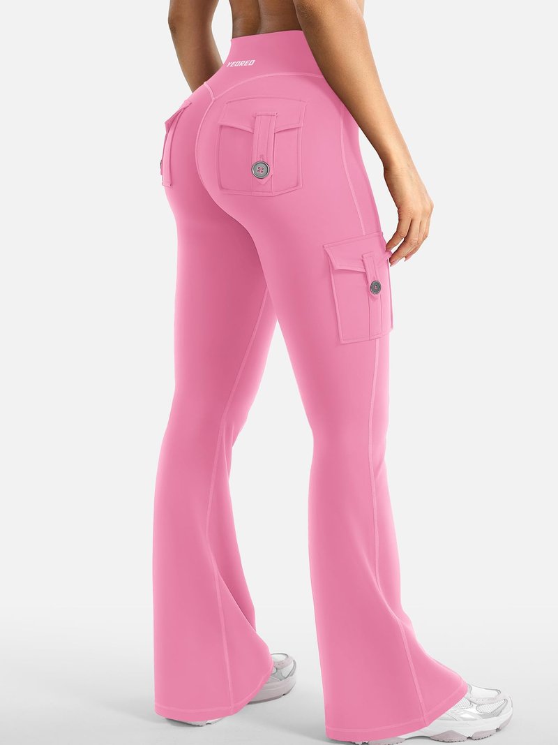 YEOREO CoreFlex Women Workout Flare Leggings with Pockets Hidden Scrunch Cargo Gym Yoga No Front Seam Leggings Pink XXL