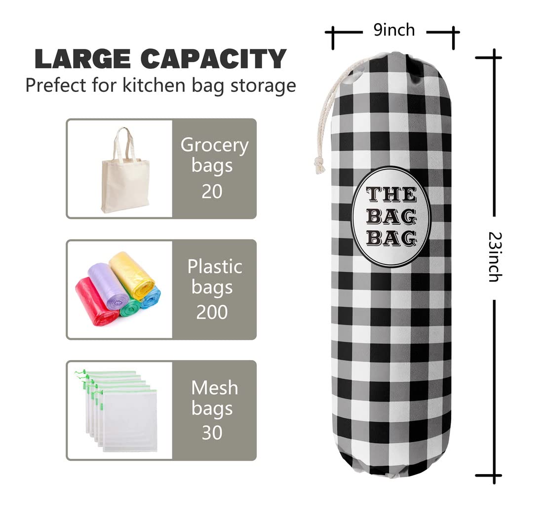 Black White Buffalo Check Plaid Grocery Bags Holder Organizer For Shopping Bags,Wall Mount Plastic Bags Storage Container Dispensers, Kitchen Housewarming Gifts For Women Family Friends Grandma Mom