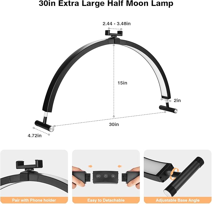 Nail Light for Desk, 30'' LED Half Moon Lamp for Nail Techs, Manicure and Handicraft, Adjustable Color Modes and Brightness, with Phone Holder (Black)