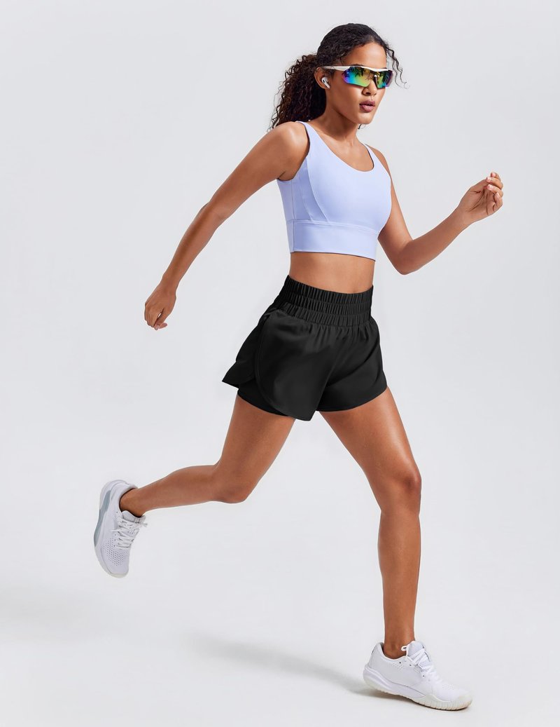 PINSPARK Women 2 in 1 Running Athletic Shorts High Split Dolphin 3 Inch Gym Shorts Quick-Dry Workout Active Sports Shorts with Liner and Pockets, Black Large