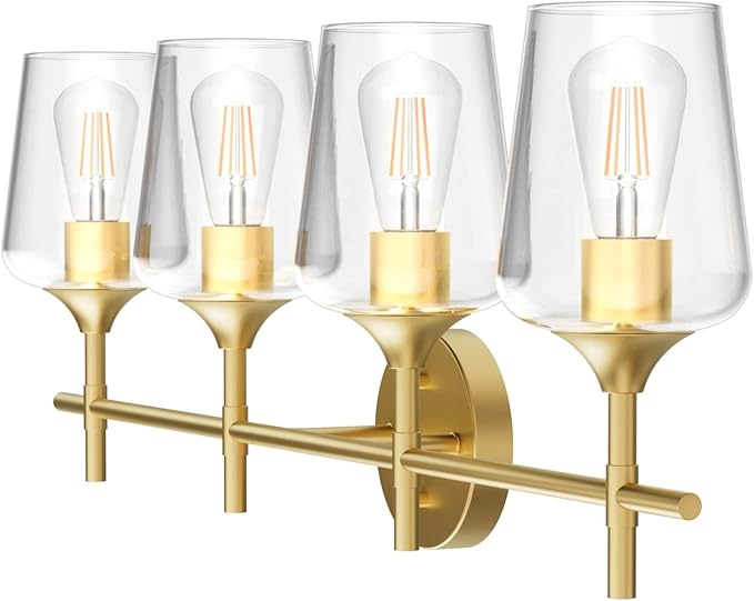 Ralbay 4-Lights Gold Vanity Light Fixture Vintage Gold Vanity Lights Wall Lighting Clear Glass Gold Bathroom Light Fixtures Over Mirror