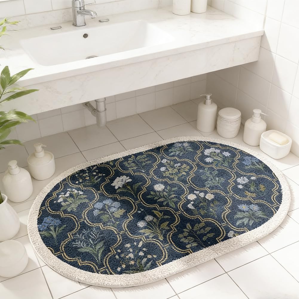 gdmgdr Spring Floral Bathroom Rug 32" x 20" Wild Flowers Bathroom Mat Boho Floral Bath Rug (Oval, Blue)