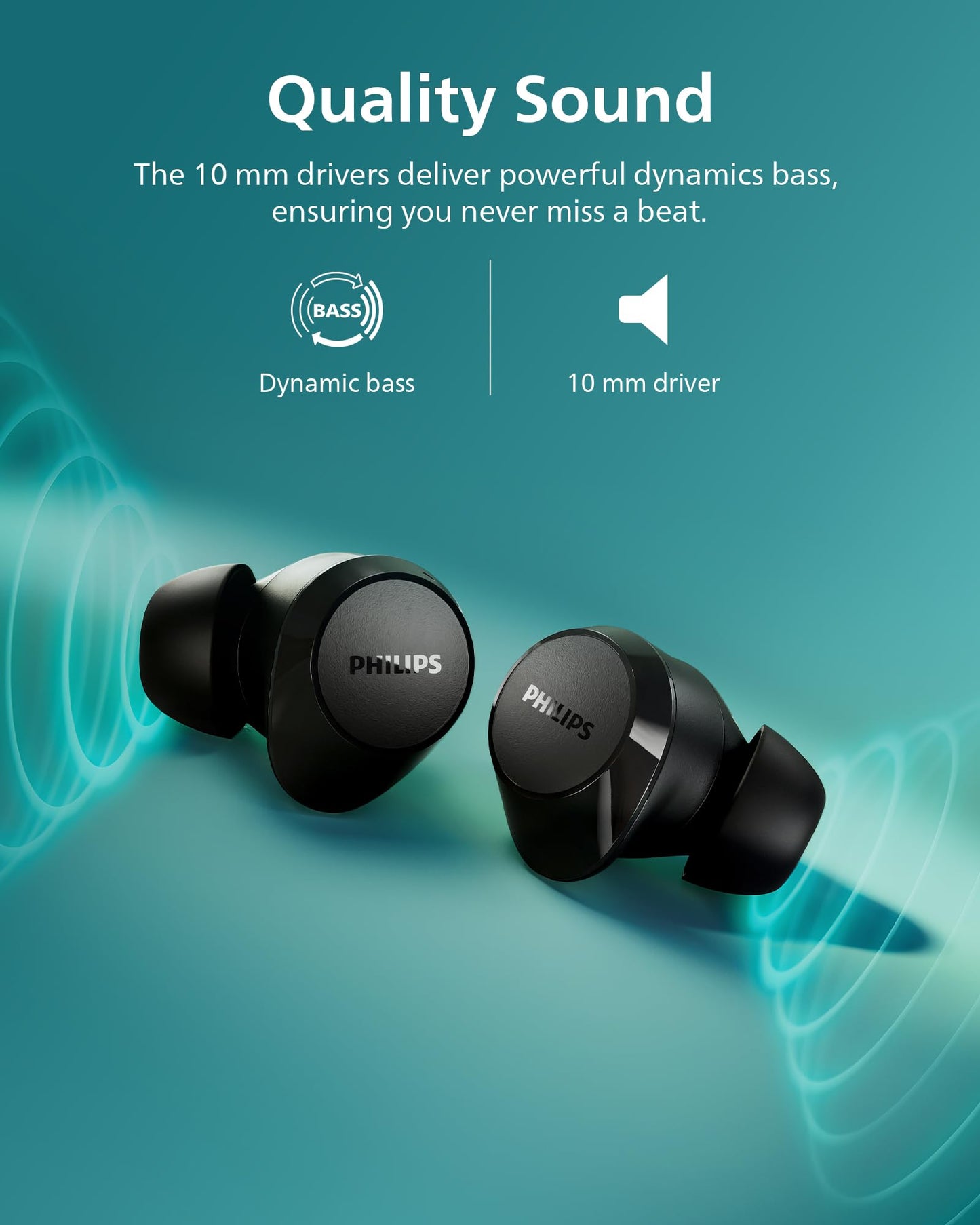 Philips TAT1219 True Wireless Bluetooth Earbuds - 18 Hours Play Time, Dynamic Bass, Clear Calls, IPX4 Water Resistant, Black