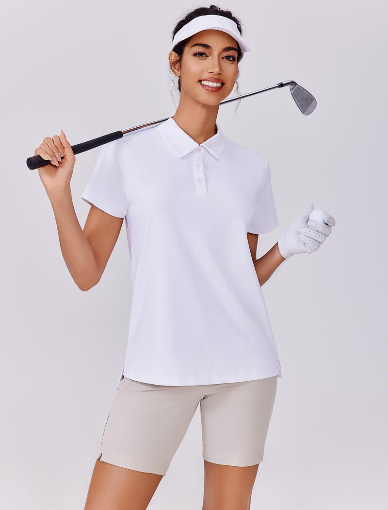 PINSPARK Polo Shirts for Women Short Sleeve Golf Shirt Lightweight Tennis Sport Tops Quick Dry Athletic T Shirt Side Slit Collared Workout Top, White Large