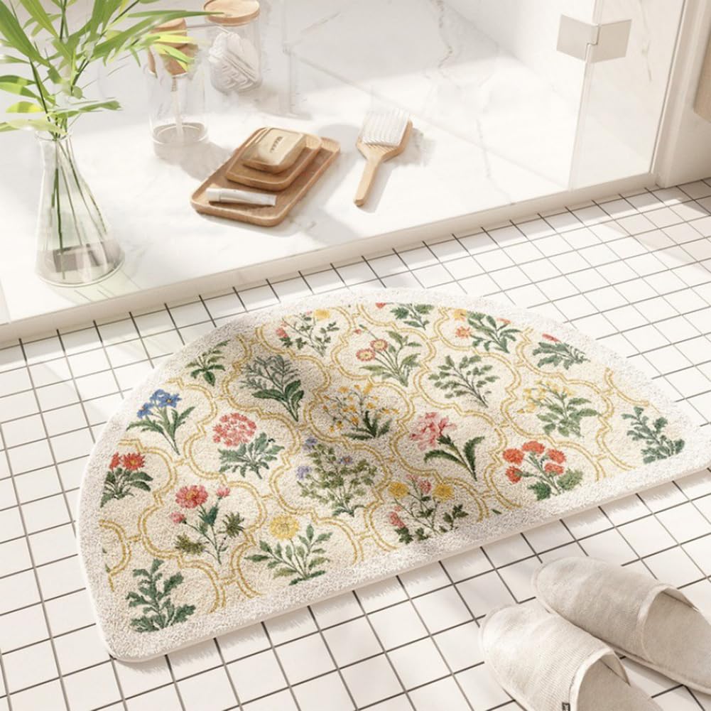 vctops Half Circle Bathroom Rugs, Spring Floral Print Absorbent Microfiber Bath Rugs, Non Slip Quick Dry Bath Mats for Bathroom Floor, Tub and Shower, Home Decor Accessories (Half Round A,20"x31")