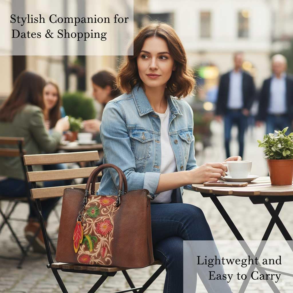 Genuine Leather Vintage Embossed Handbag for Women - Artisanal Cowhide Floral Crossbody Purse with Unique Craftsmanship (coffee)
