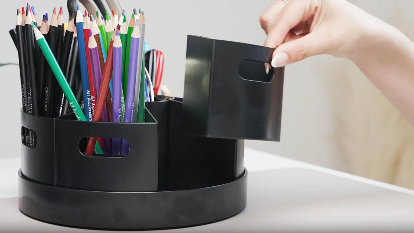 PUZZLE EZ Black Rotating Desk Organizer Lazy Susan Caddies for Home School Office Supplies, Pens, Markers and Art Supplies for Classroom
