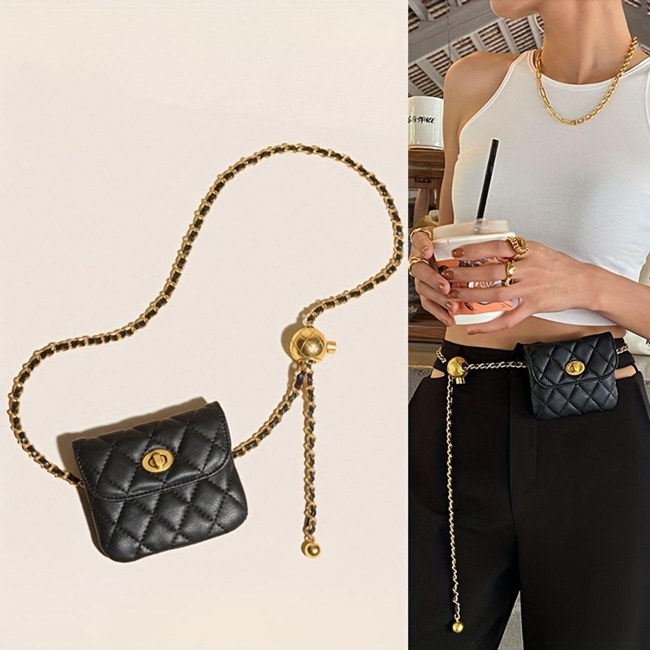Stylish Women's Leather Chain Belt Bag - The Ultimate Versatile Crossbody/Waist Fanny Pack (Black, Medium)
