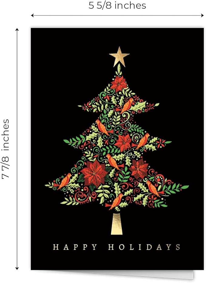 Masterpiece Tapestry Christmas Tree Cards / 16 Winter Holiday Cards Set With Gold Foil Accents And Coordinating Gold Foil Lined White Envelopes / 5 5/8" x 7 7/8" Folded Greeting Cards With Inside Verse
