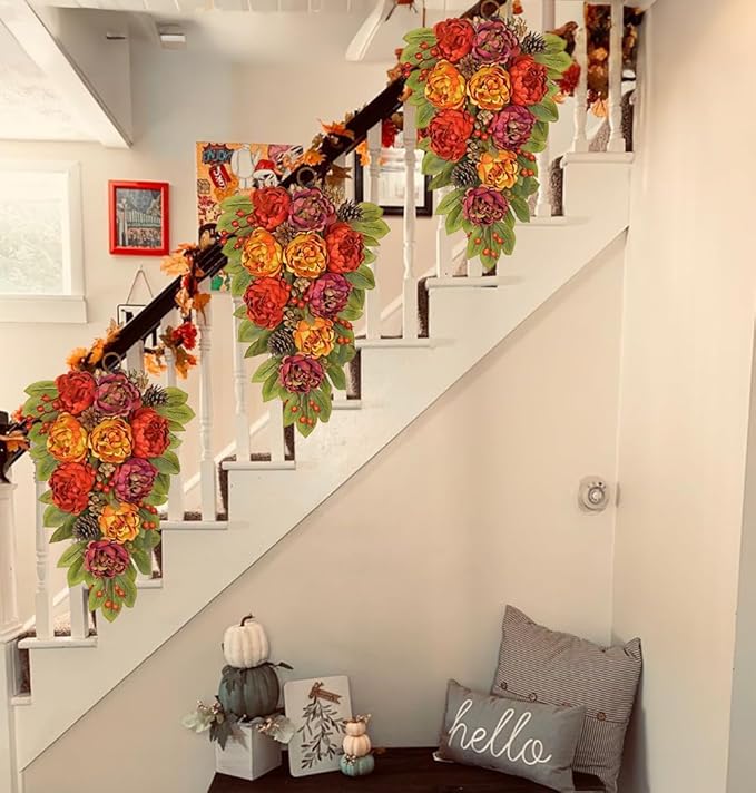 Fall Teardrop Swag with Peonies – 23.6 Inch Artificial Hanging Floral Wreath with Berries & Leaves for Thanksgiving Autumn Decoration