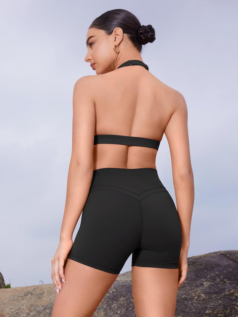 YEOREO Gym Workout Shorts for Women High Waisted Tummy Control Hidden Scrunch 4.5" Booty Shorts Julissa Cross Waist Yoga Black