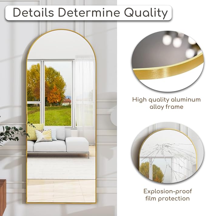Arched Full Length Mirror, 70"x26" Free Standing Floor Mirror, Modern Full Body Mirrors with Stand, Wall Mirrors with Aluminum Alloy Frame for Bedroom,Living Room, Gold