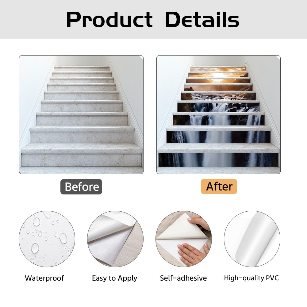 PLIGREAT 15 Strips 3D Waterfall Stair Decals, Peel and Stick Stairs Riser Stickers Natural Landscape Stair Risers Covers 7.1" x 39" Self-Adhesive Vinyl Stairs Riser Decals for Home Hotel Decor