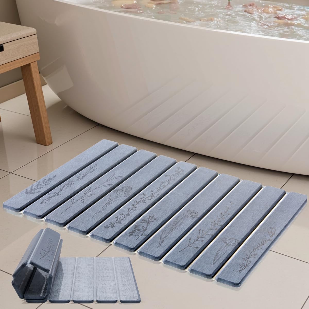 INFISIBLE Foldable Stone Bath Mat - 24x16, Super Absorbent Diatomaceous Earth Large Bath Mats for Bathroom, Quick Dry Non-Slip Stone Drying Mats for Kitchen Counter & Bathtub (Dark Gray Floral Decor)
