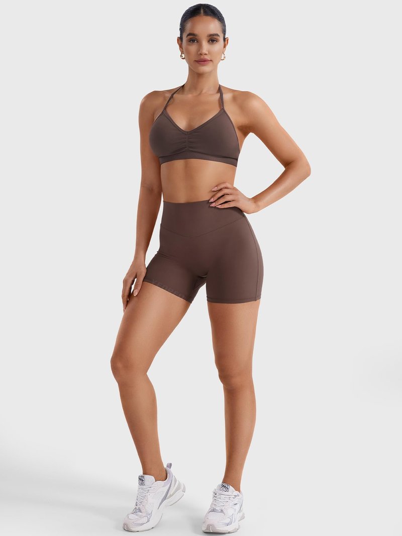 YEOREO SoftHue Women Workout Gym Shorts Impact 4.5" ScrunchHigh Waist Yoga Biker Shorts with Tummy Control Chocolate-XL