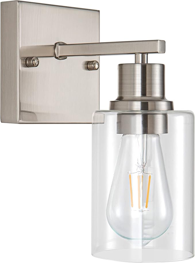 EMONG Brushed Nickel Bathroom Light Fixtures, 1-Light Vanity Lights with Clear Glass Shade, Wall Sconces for Hallway, Farmhouse, Living Room, Kitchen