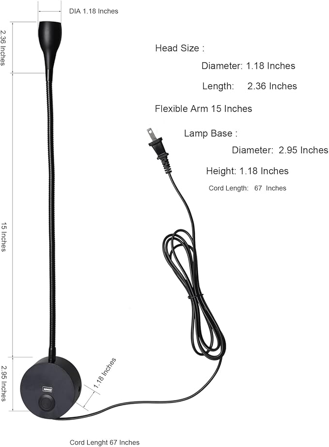 Dimmable Bedside Plug in Reading Light, Minimalist LED Bed Reading Lamp Headboard Wall Surface Mount Sconce with USB Charger (Matte Black)