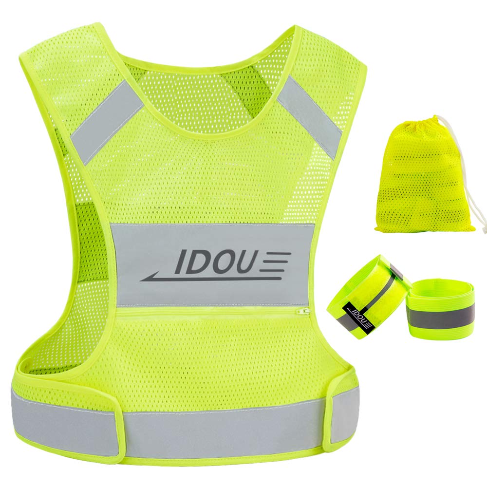 IDOU Reflective Vest Safety Running Gear with Pocket, Ultralight &Adjustable Waist&360°High Visibility for Running,Jogging,Biking,Motorcycle,Walking,Women & Men(+2bands+1bag)
