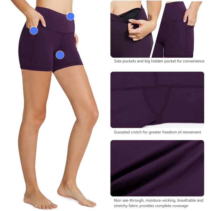 baleaf Biker Shorts Women Yoga Gym Workout Spandex Running Volleyball Tummy Control Compression with Pockets 5" Purple L