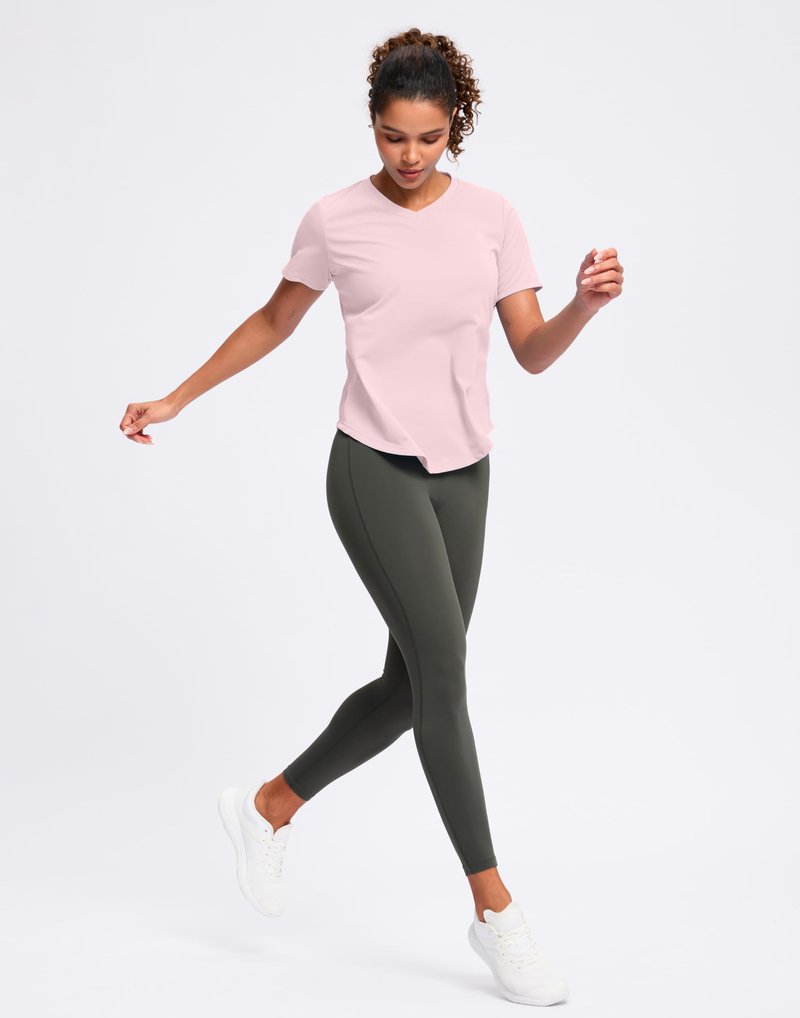 Womens Workout Shirts V-Neck Short Sleeve UPF 50+ Sun Shirt Moisture Wicking Dry Fit Top for Gym, Running, Athletic (Peach, L)