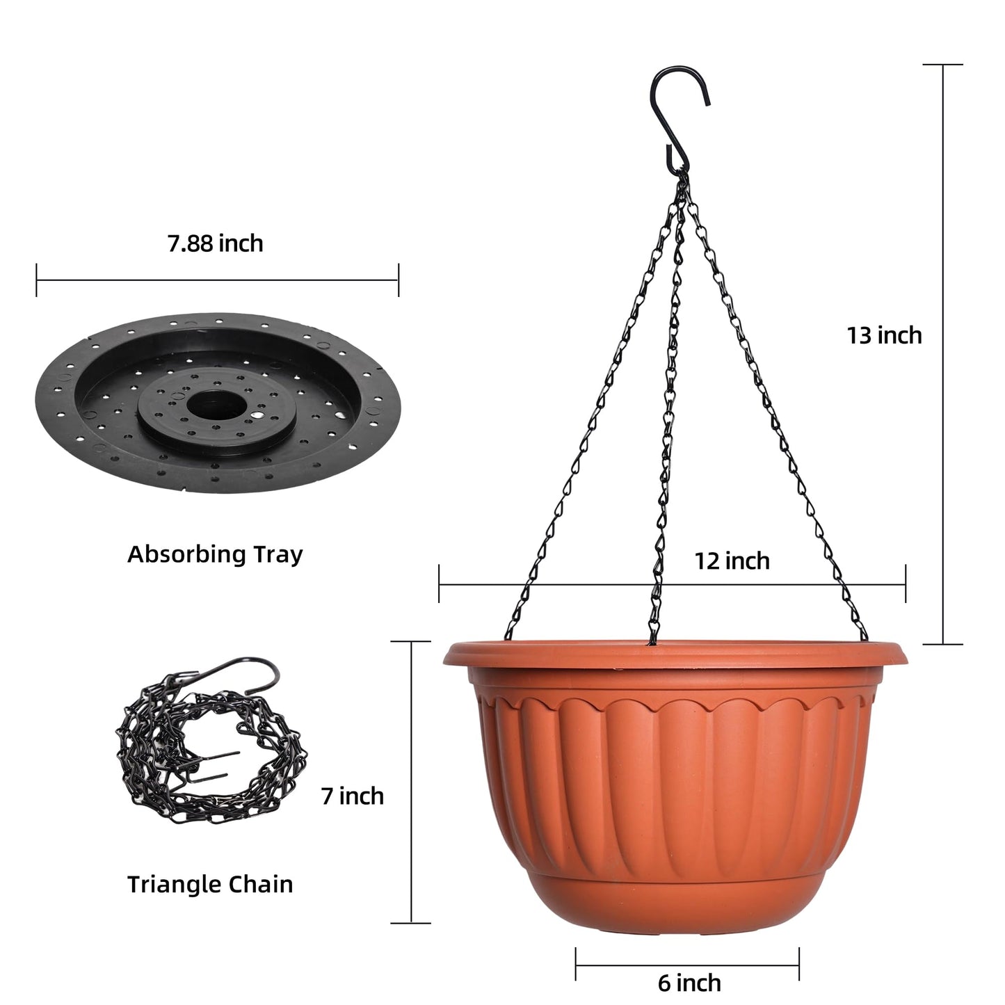 YIKUSH Hanging Planter for Indoor and Outdoor Plants 2 Pack 12 inch Flower Pot Plastic Plant Pot with Drainage Hole and Absorbing Tray(Terracotta)