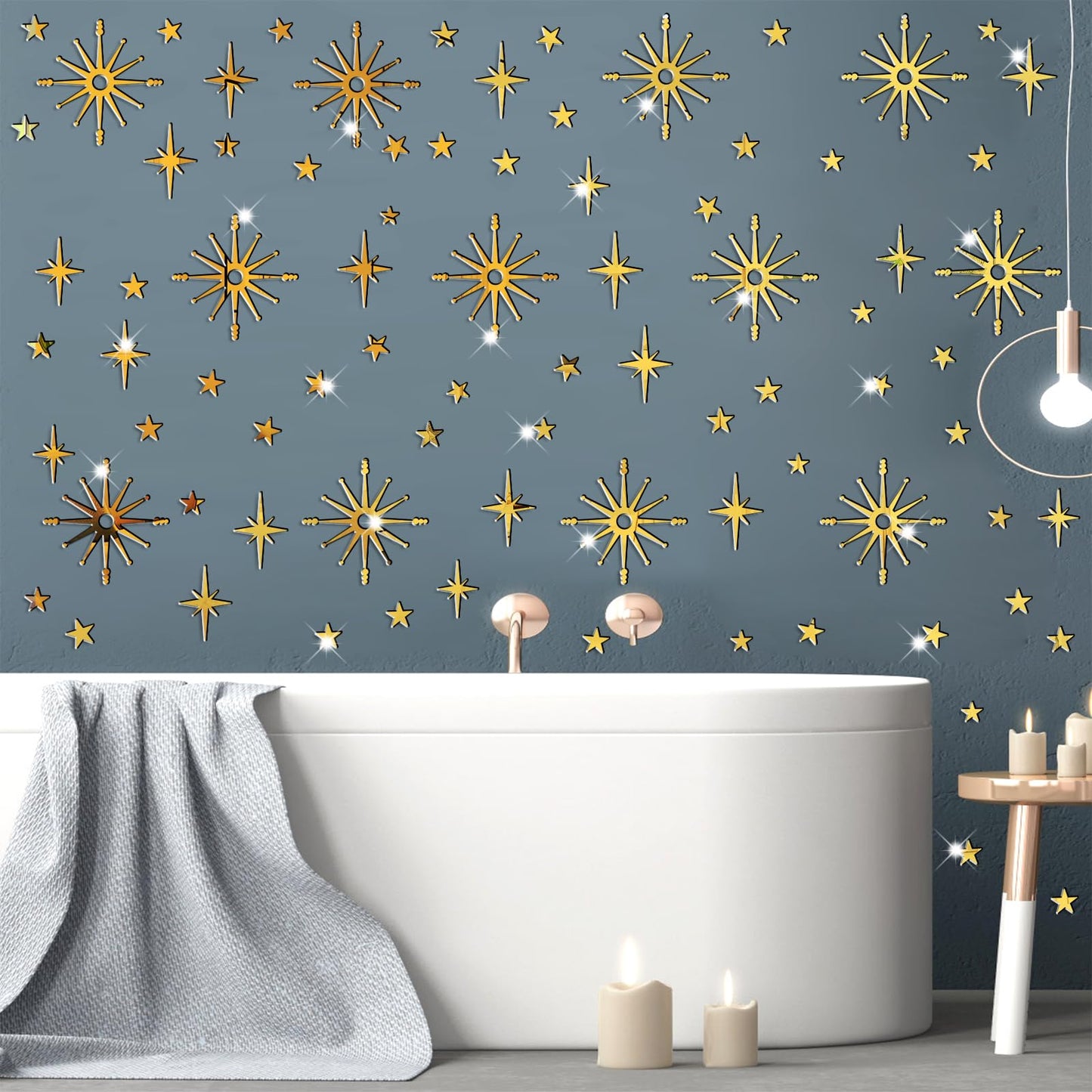 Star Wall Decals Gold Stars Stickers Ceiling Decor Removable Acrylic Mirror Decal Peel and Stick Sparkle Sticker for Wall 3D Midcentury Mirror Art Murals for Bedroom Living Room Nursery Decorations