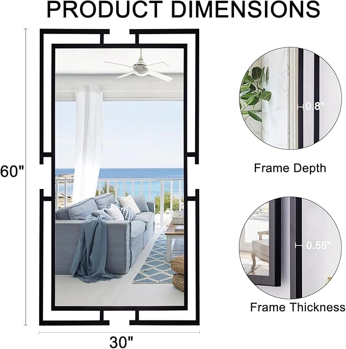 Large Decorative Wall Mirror Full Length, 60"x30", Tempered Black Mirror Wall Decor with Metal Frame for Living Room, Entryway, Bedroom, Horizontal/Vertical