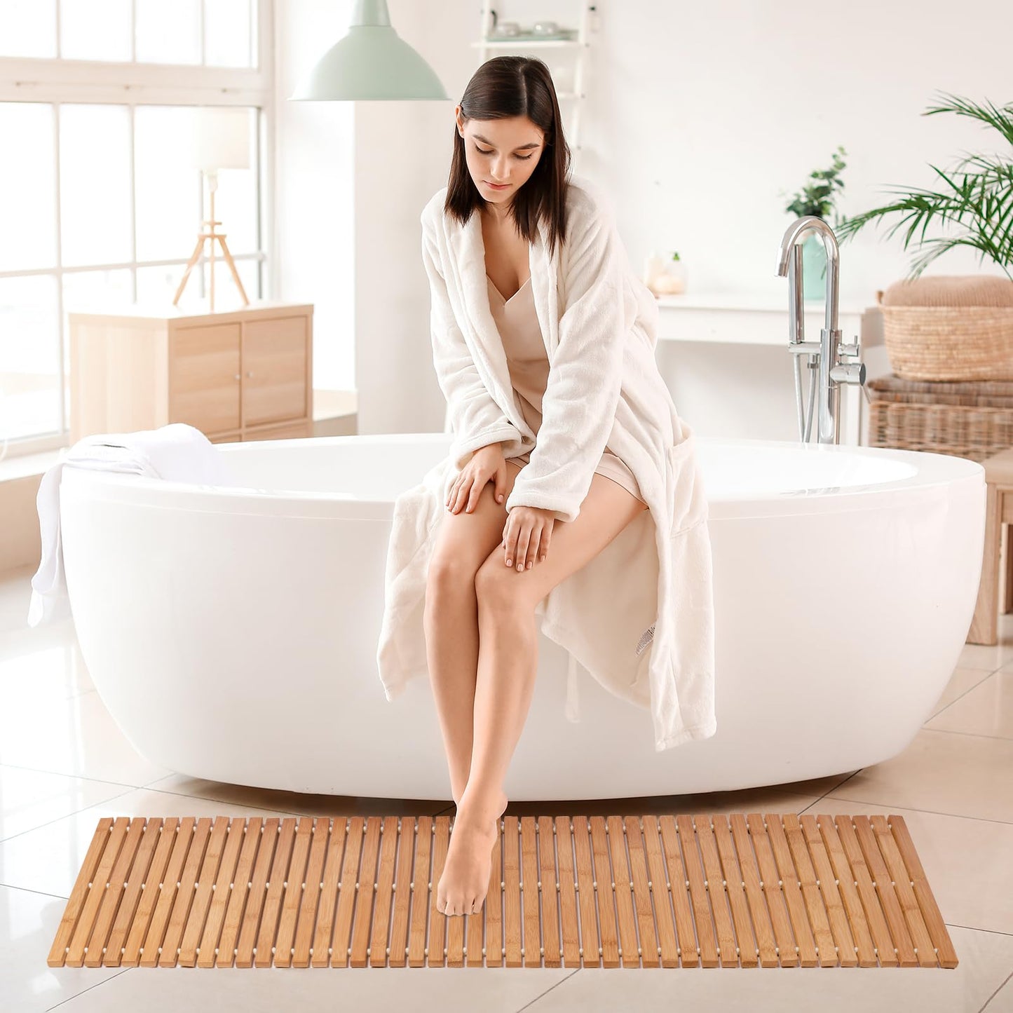 Bamboo Bath Mat Bathroom Runner Long Large Rugs Floor Wood Shower Bathtub Waterproof Non Slip Accessories 16x48 Inch Easy to Clean, Natural Bamboo, 1 pc
