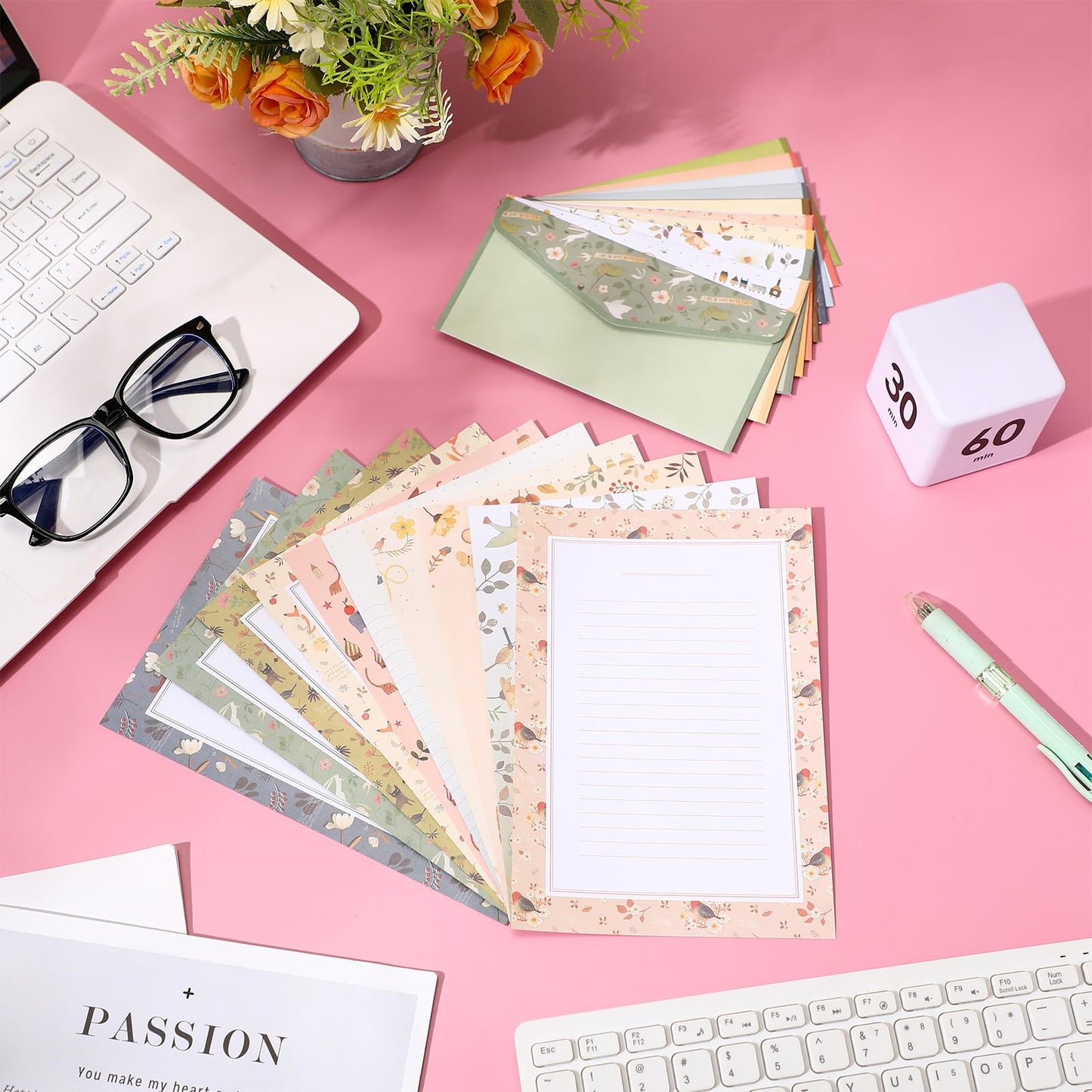 Laumoi 180 Pcs Stationery Papers and Envelopes Set Includes 60 Stationery Envelopes 120 Lined Stationery Writing Paper with 96 Colorful Round Dot Stickers, 10 Designs (Greenery)