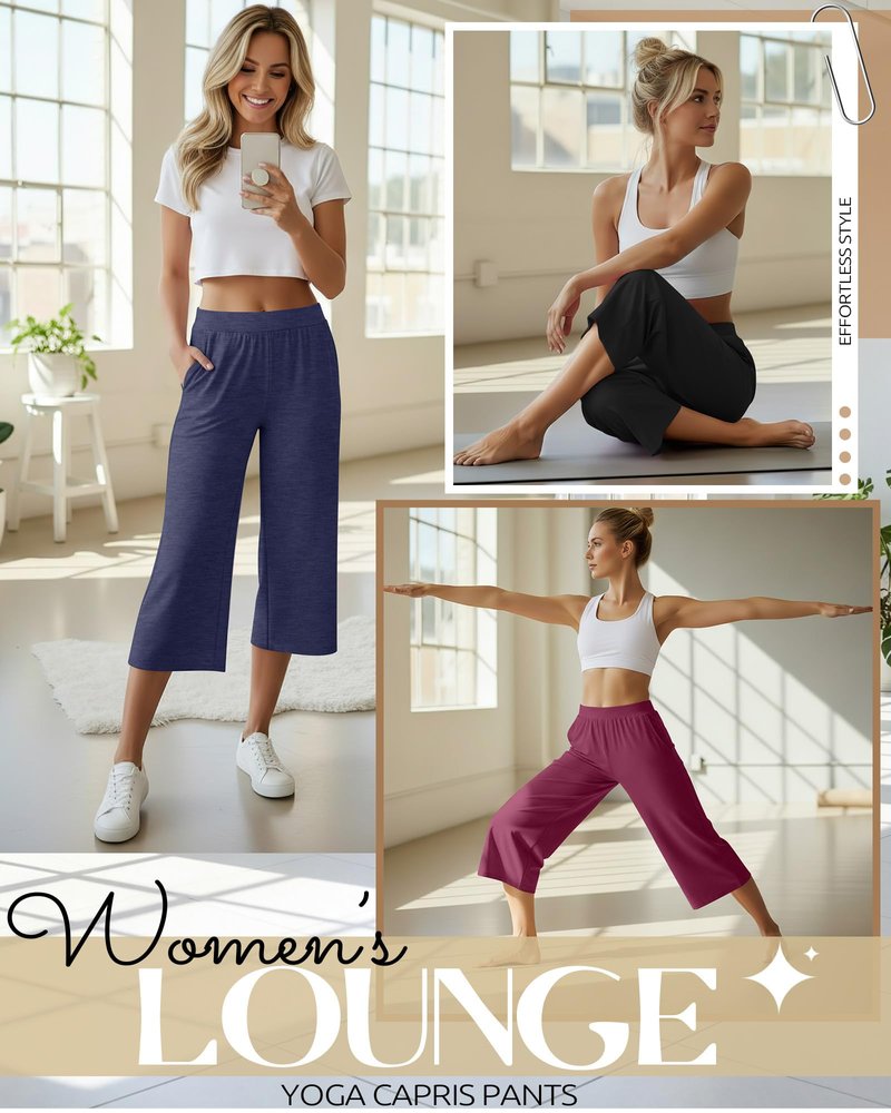 Neer 4 Pack Women's Capri Pants Wide Leg Capris Yoga Sweatpants Lounge Loose Fit High Waist Workout Cropped Pants with Pocket(Black, Heather Gray, Dark Blue, Fuchsia,Large)