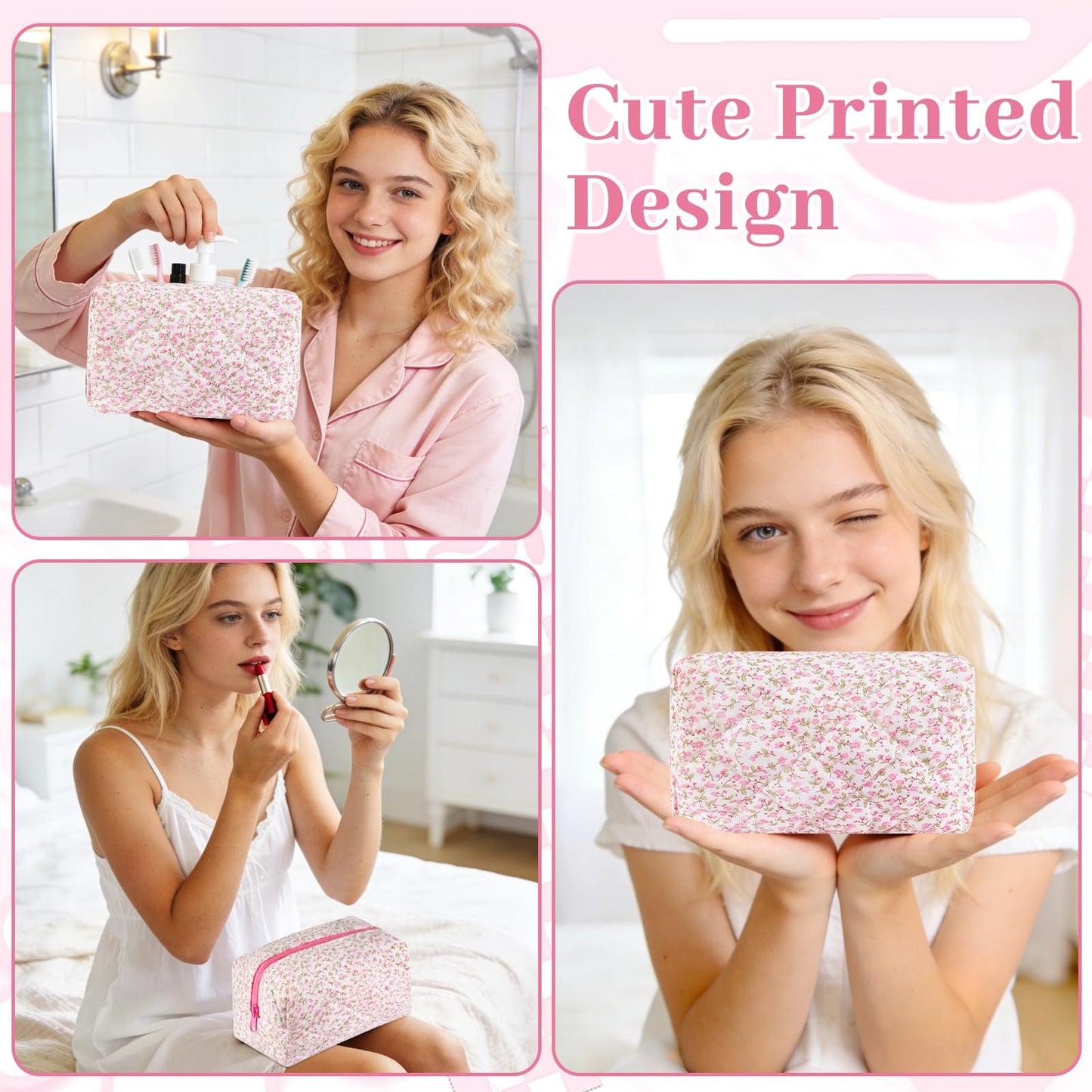 URSKYTOUS Quilted Makeup Bag Floral Large Cute Cosmetic Bag Cotton Puffy Makeup Organizer Coquette Travel Makeup Pouch Aesthetic Portable Zipper Toiletry Storage Bag for Women Girls (Pink)