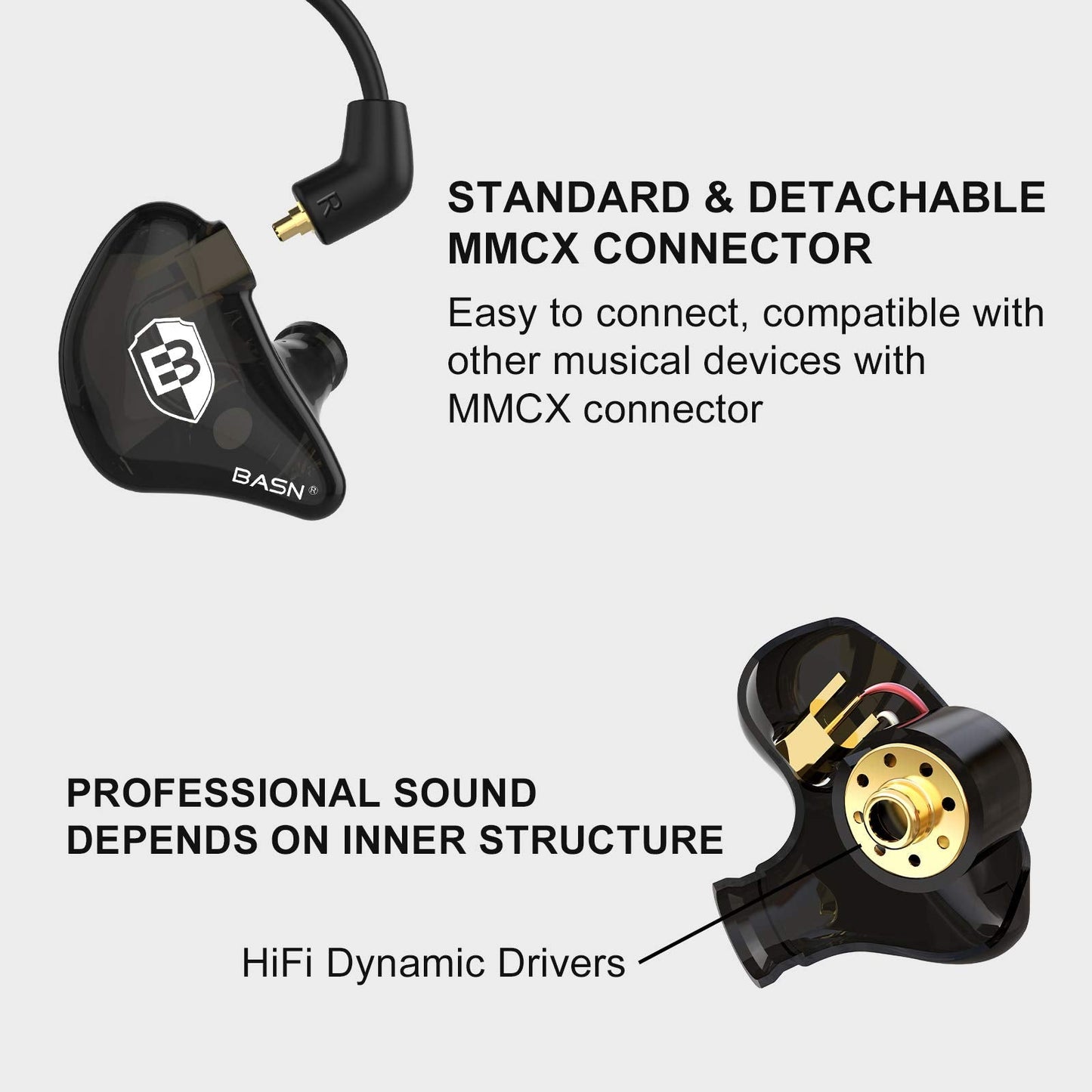 BASN in Ear Monitor Headphones for Musicians, Bsinger 2nd Generation Sound Isolating Earphones with Dual Dynamic Drivers Detachable MMCX Cable (Black)…