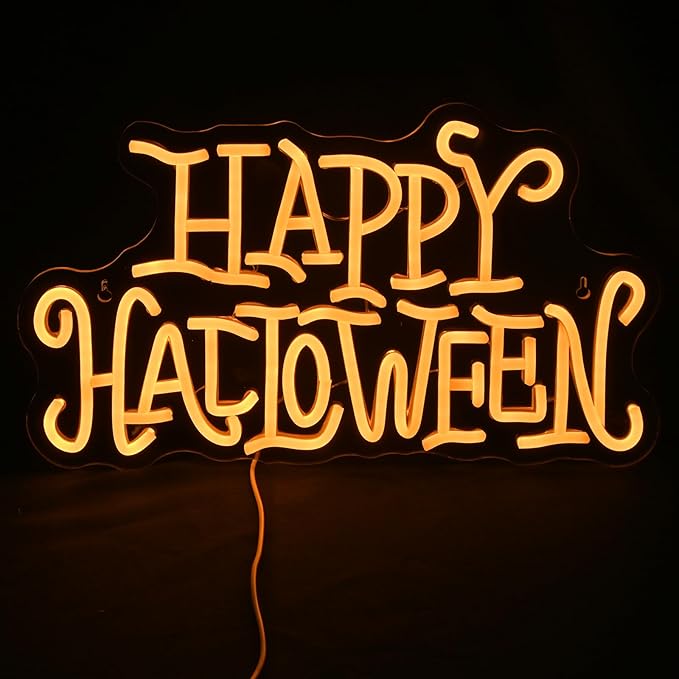 Wanxing Happy Halloween Neon Light Sign Golden Yellow Letter Led Nights for All Hallows' Day Party Wall Decor Art Decorations As a Gift for Children Friends Family 16.5'' * 19.4''