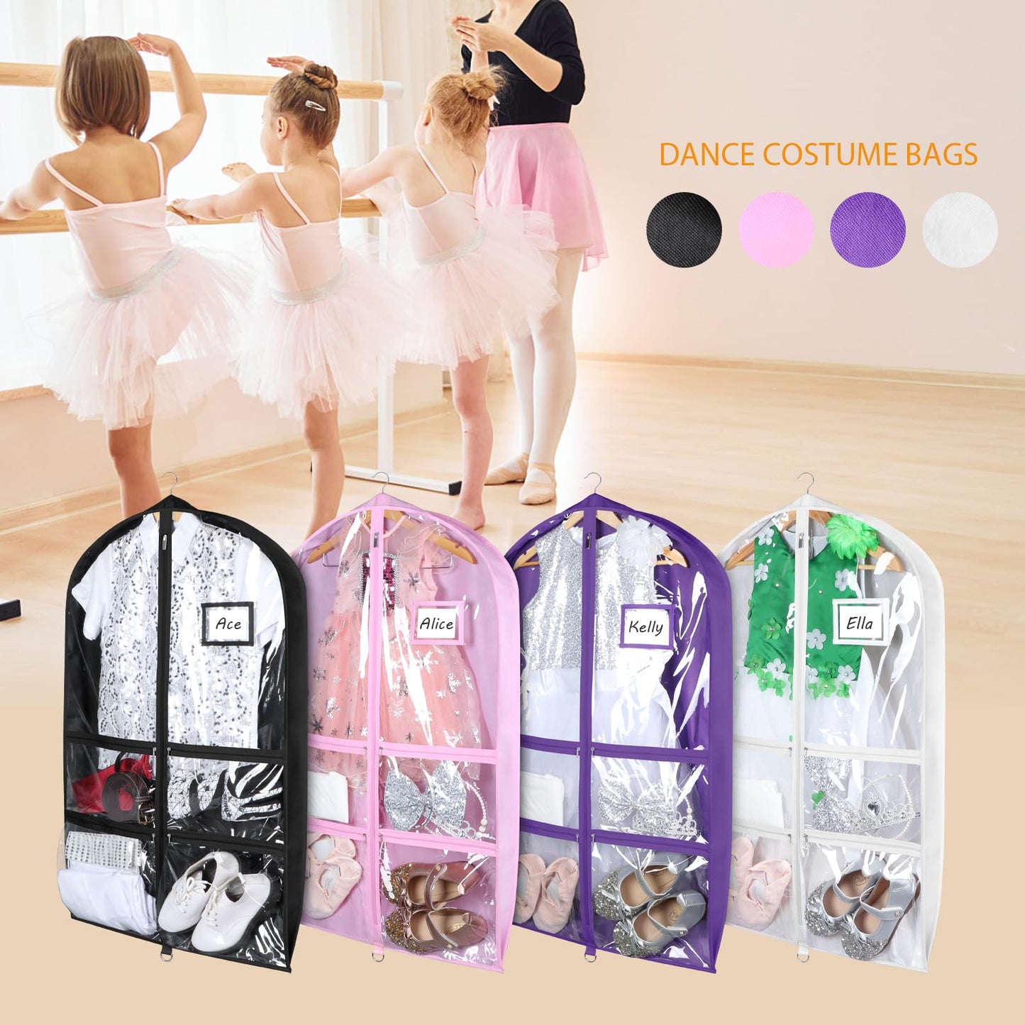 Syeeiex 3" Gusseted Clear Dance Costume Garment Bag(5 Pack), 40'' Dance Garment Bags for Dancers with 4 Zipper Pockets & Can Hold 1-3 Dance Costumes - Suitable for Dance Competitions, Ballet(Black)