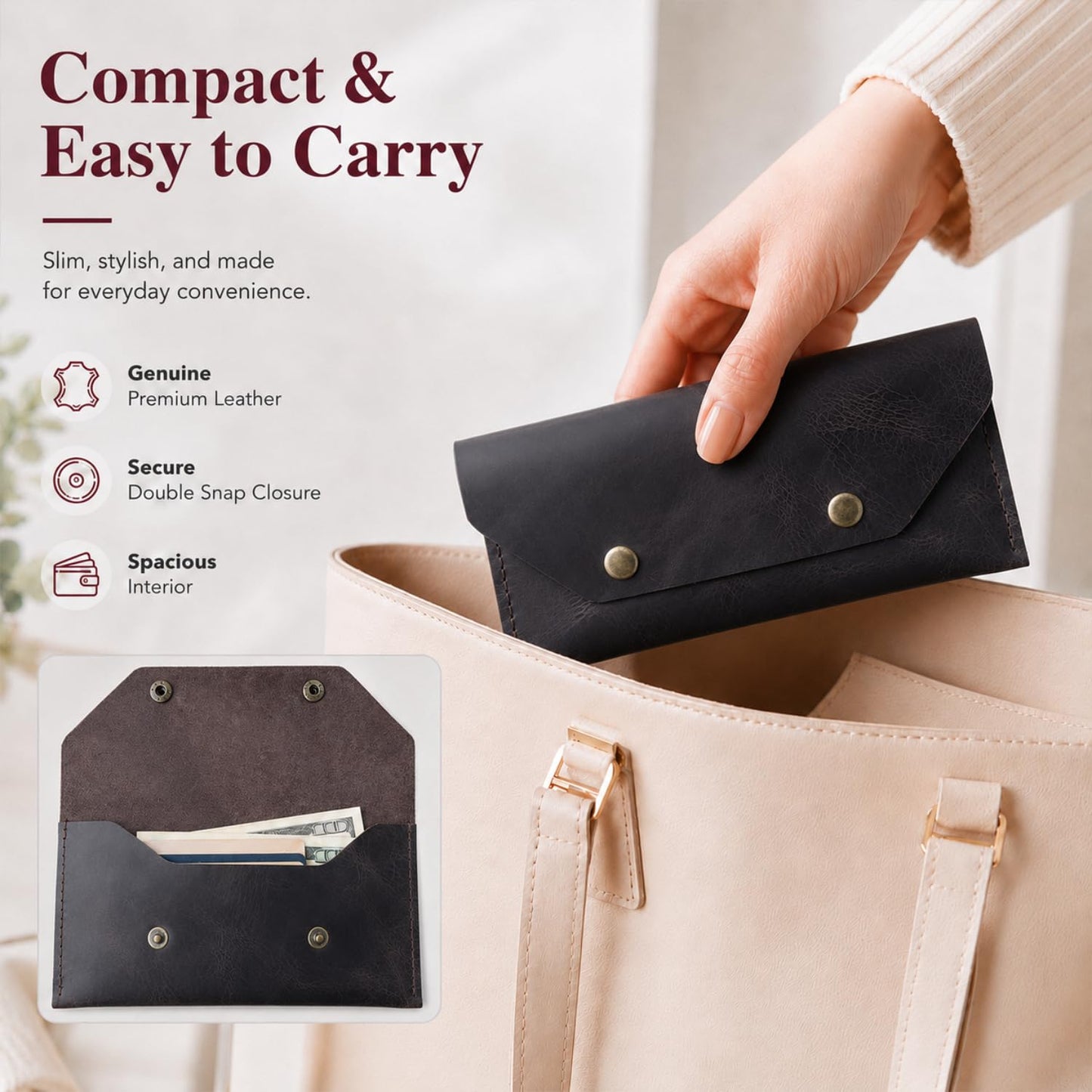 ZEMARS Genuine Leather Cash Envelope Wallet, Two Snap Money Pouch for Men and Women, Reusable Budget Envelope Wallet, Slim Organizer for Cash, Cards, Receipts, Checks and Keys (Dark Brown)