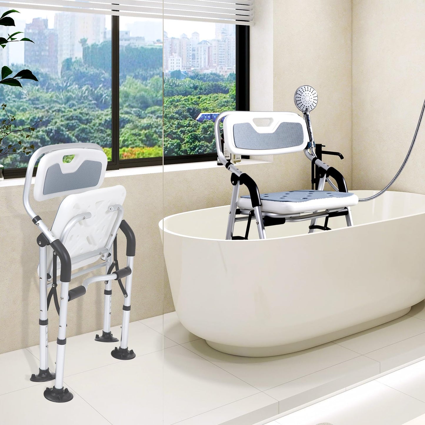 Fasjloctavty Shower Chair for Inside Shower,Foldable Shower Chair for Elderly and Disabled, Adjustable Height Chairs with Padded Arms and Back for Bathroom,Compact and Comfortable,Regular Standard