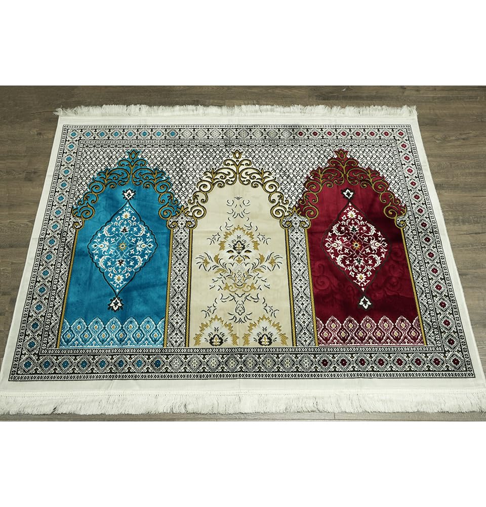 Modefa Turkish Islamic Prayer Rug - Wide Plush Velvet Mat - Multi Person Muslim Janamaz for Family - Large Gathering & Group Sajada Carpet - Floral Arch - 3 Person (17-11)