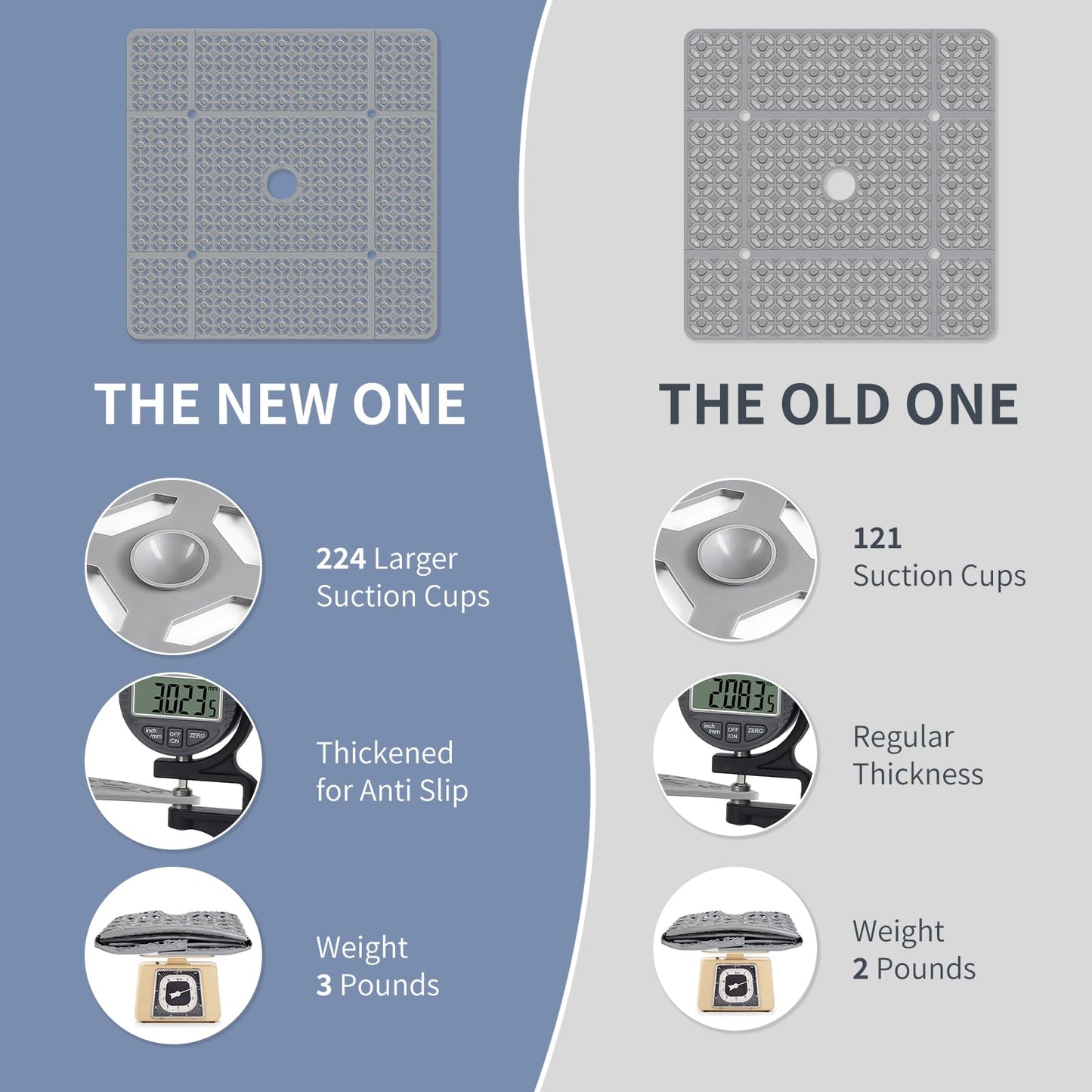 OTHWAY Square Shower Mat, 27"x 27" Extra Large Shower Mats for Inside Shower, TPE Anti Slip Shower Mat with Suction Cups Drain Holes, Machine Washable Shower Floor Mat (Grey)