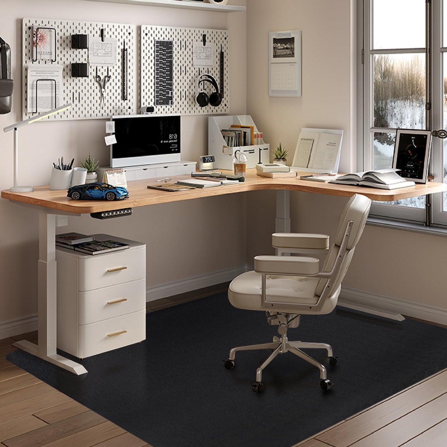 Office Chair Mat for Hardwood Floor: 63" x 51" Extra Large Black Office Chair Mats, Anti-Slip Rubber Floor Mat for Gaming Rolling Chair, Heavy Duty Sturdy Floor Protector Mat Under L Computer Desk