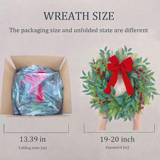 20 Inch Christmas Wreath for Front Door,Artificial Realistic Green Leaves with Red Bow, Used for Window, Wall, Porch, and Other Indoor and Outdoor Home Decorations