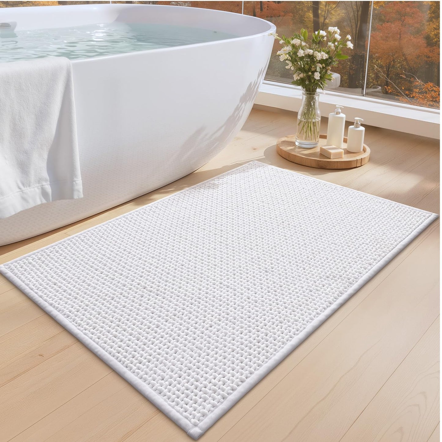 Color&Geometry Rubber Backed Waffle Bath Mat 24x16, Non Slip Water Washable Bathroom Rugs, Soft Absorbent Chenille Boho Carpet for Bathroom Floor, Tub and Shower, White