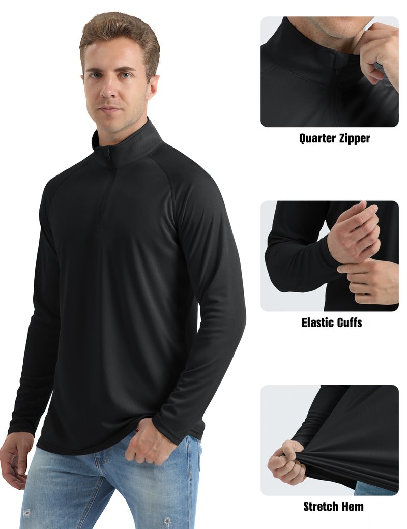 Fishing Shirts for Men Long Sleeve Men's Sun Protective Quarter Zip Shirt Rash Guard Shirts Running Shirts for Men Summer Shirts for Men Black