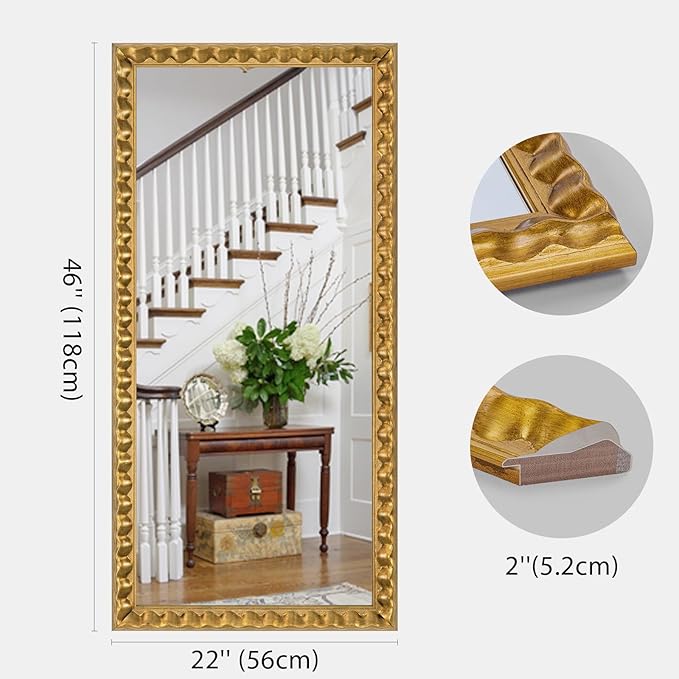 Gold Mirror for Wall Decor, 46'' X 22'' Rectangular Decorative Mirror with Textured Wavy Wood Frame, Modern Bathroom Mirror for Wall, Hang Horizontally or Vertically