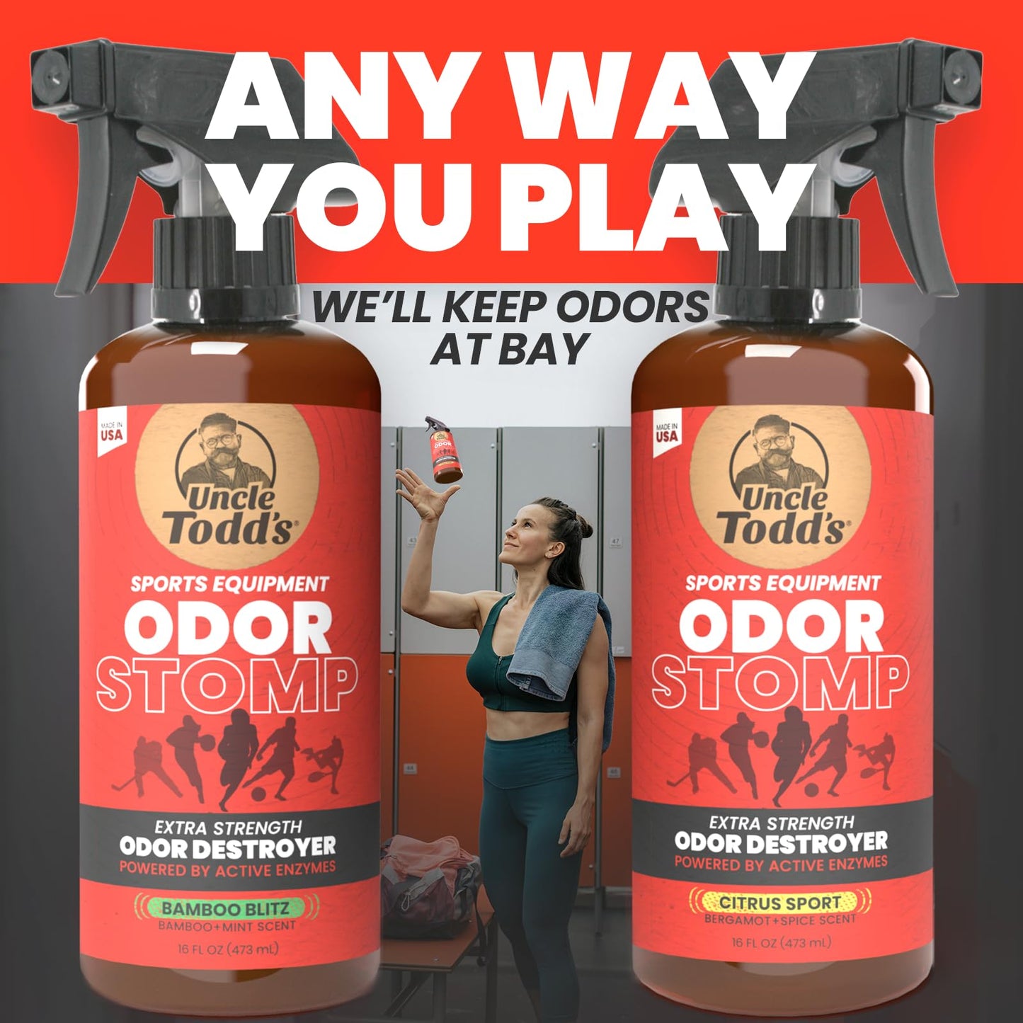 Uncle Todd’s Odor Stomp Sports Equipment Odor Eliminator Spray - Extra Strength Enzyme-Powered Deodorizer for Football, Hockey, Gym Bags, and Athletic Gear - Citrus Sport Scent - 16oz