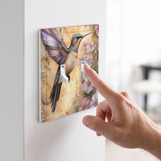 Decorative Art Light Switch Covers Blossom & Hummingbird 2 Gang Double Toggle Wall Plate Decorative Switchcover Electrical Switchplate for Home Decor