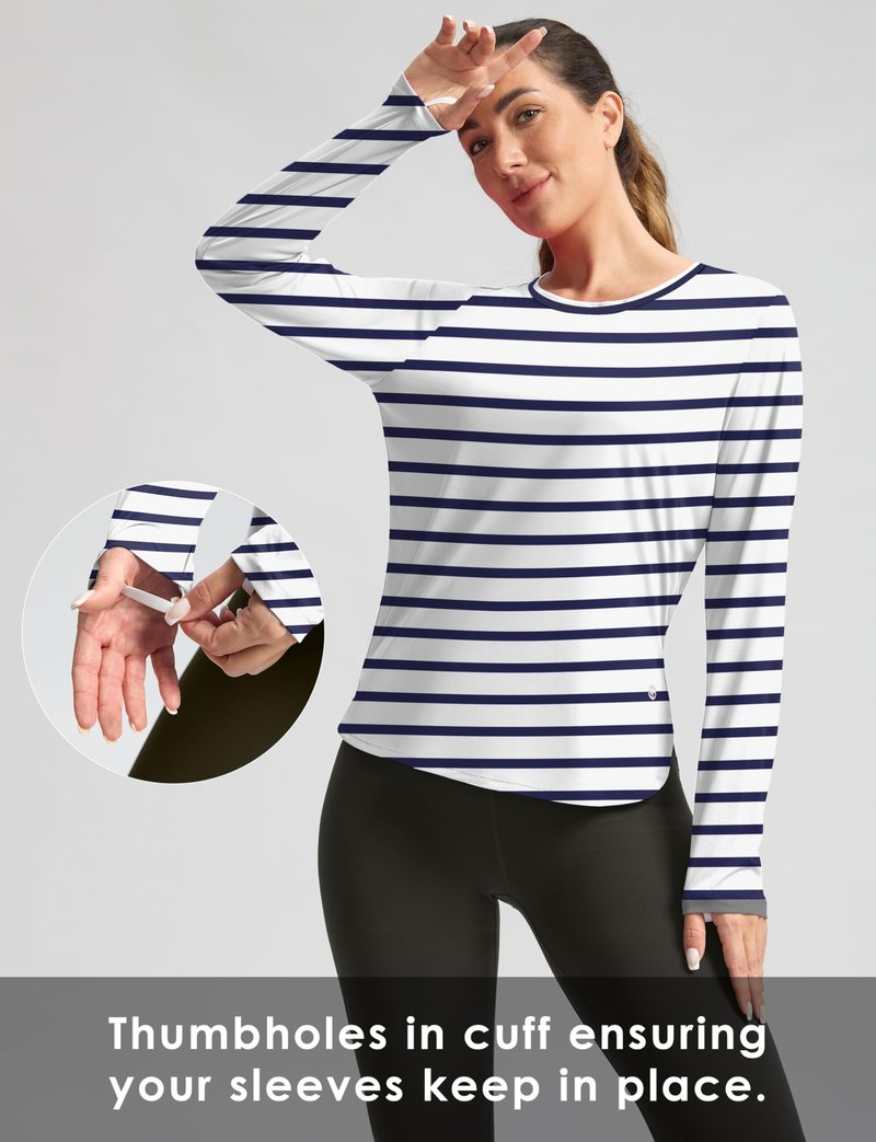 Women's Sun Shirts UPF 50+ Long Sleeve UV Protection Shirt Lightweight Quick Dry Workout Hiking Tops for Women(White/Deep Sea Stripe,XXXL)