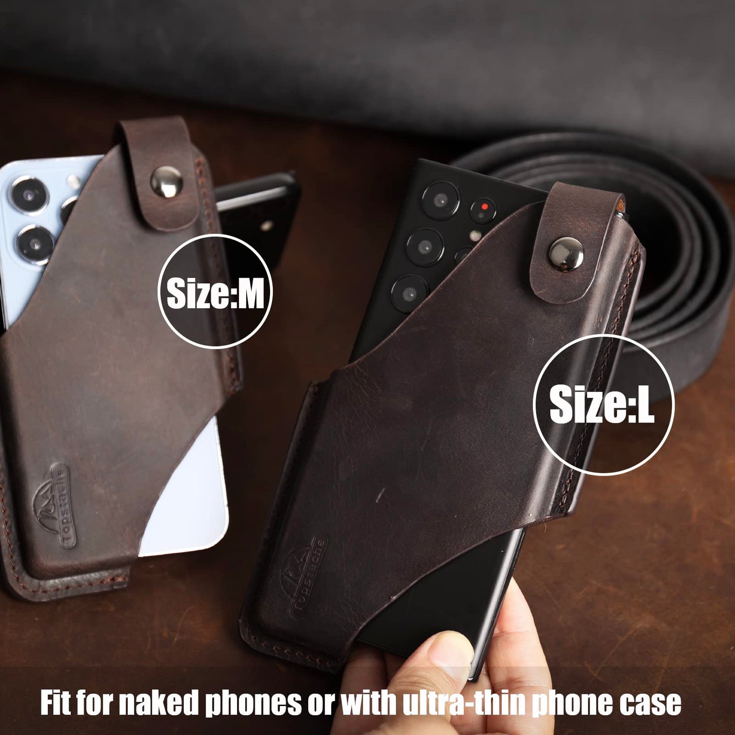 Topstache Leather Phone Holster with Belt Clip for iPhone 17/16/15 Pro Max & Plus - Magnetic Closure Cell Phone Case for Galaxy S25/S24 Ultra - Leather Belt Holder Loop Case, L,Darkbrown