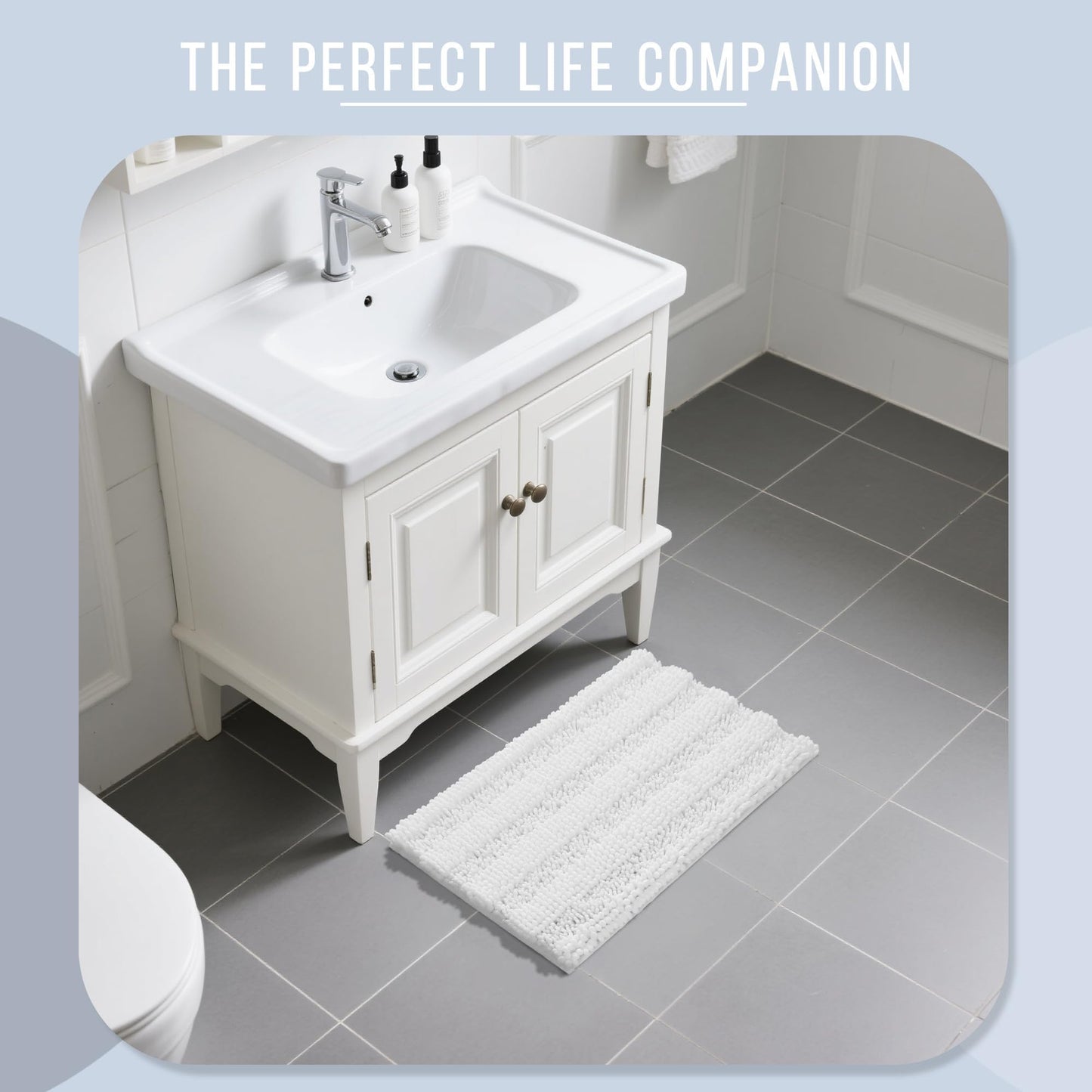Yimobra Bathroom Rug Mat, Non Slip and Super Absorbent Bath Mat, Machine Washable Quick Dry, Ultra Plush Chenille Shower Rugs for Bathroom Floor Sink Tub and Shower Outside, White, 24 x 17