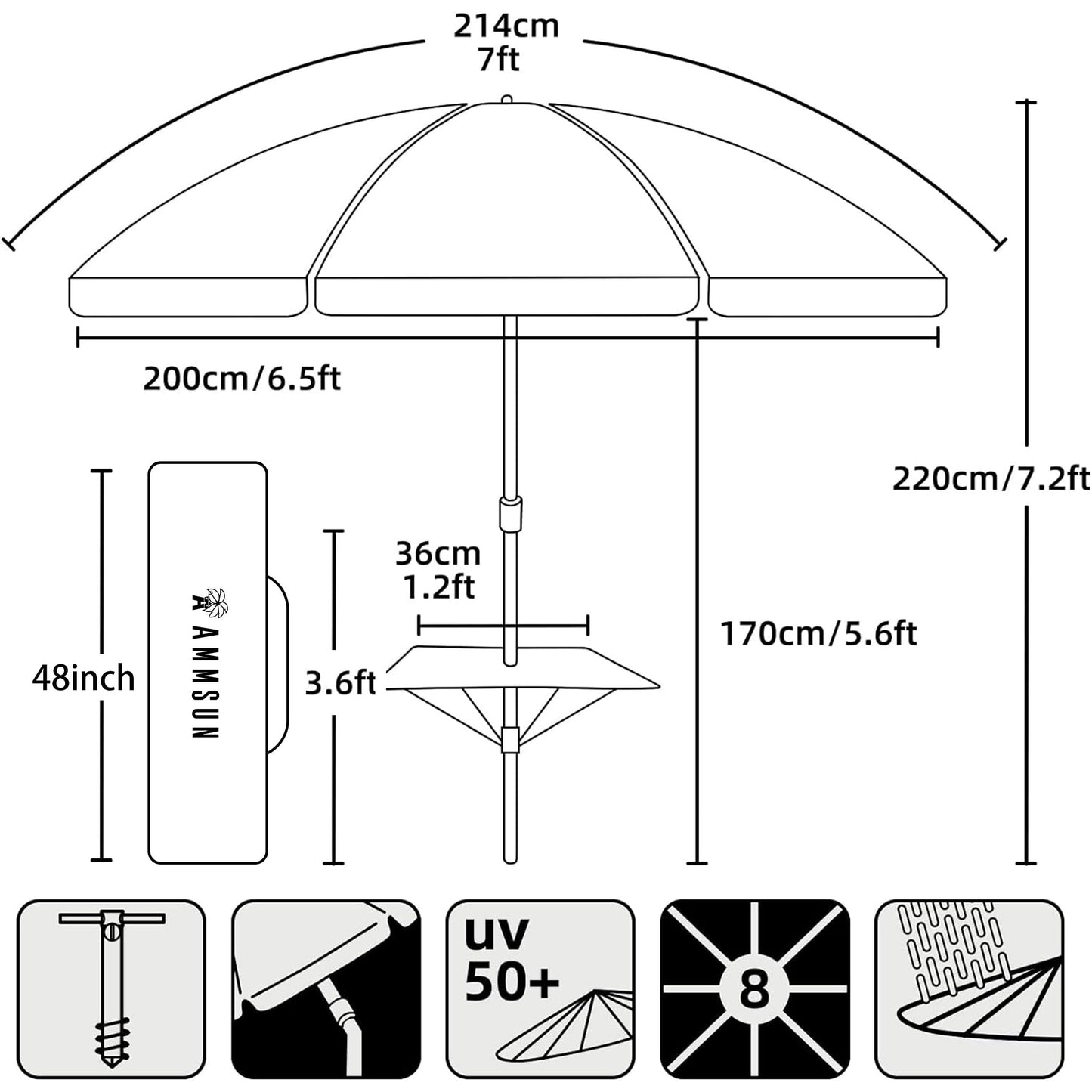 AMMSUN 7ft Heavy Duty High Wind Beach Umbrella with sand anchor, Built-in Table Tray Vent Tilt Pole, UPF 50+ Windproof Portable Outdoor Umbrellas Carry Bag for Patio Garden Pool Backyard stripe