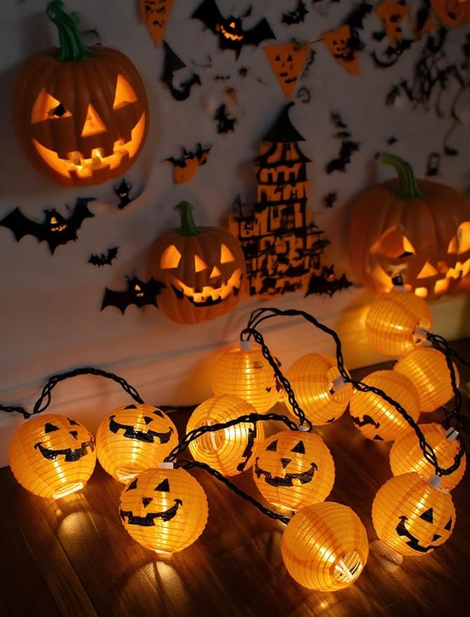 Charming Halloween Pumpkin Lantern Lights, 12ft 20 LED UL Certified String Lights, Unique Fabric Jack o' Lanterns for a Whimsical Indoor & Outdoor Party Glow